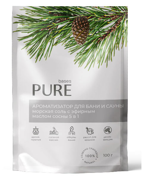 Соль для бани и сауны Pure Bases  Соль и эфирное масло Сосна, 100 г