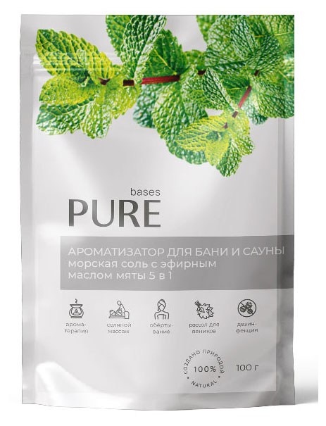 Соль для бани и сауны Pure Bases  Соль и эфирное масло Мята, 100 г