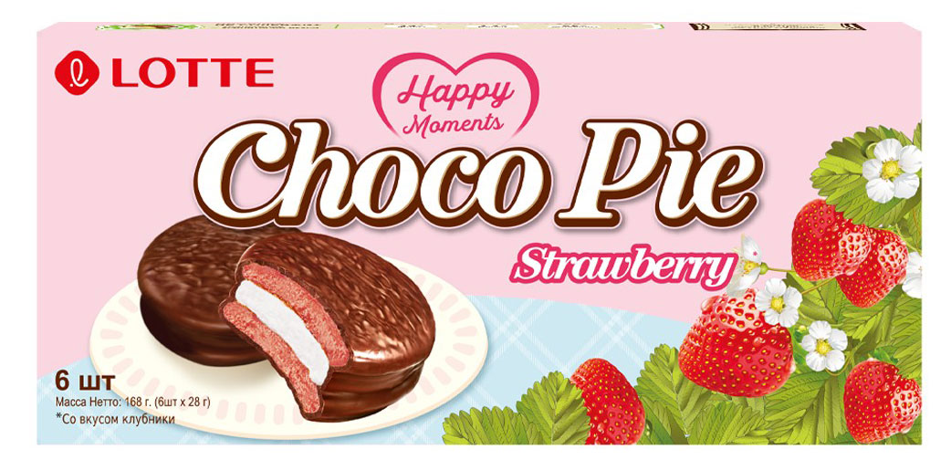 Печенье бисквитное Lotte Choco Pie глазированное со вкусом клубники, 168 г