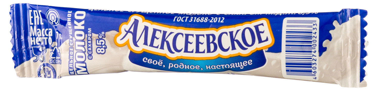 Алексеевское | Молоко сгущенное порционное «Алексеевское» цельное с сахаром стик 8,5%, 7 г