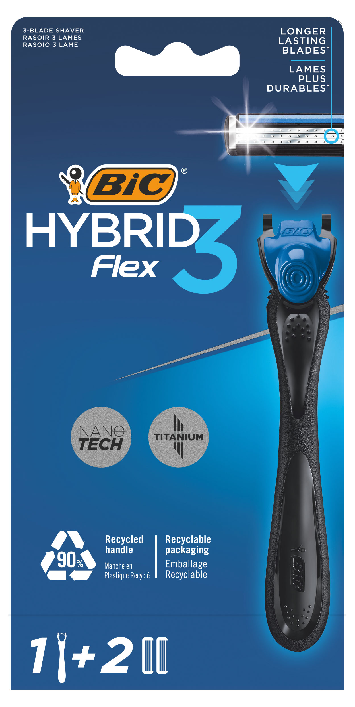 BIC | Бритва мужская BIC Flex 3 Hybrid, 1 ручка и 2 сменные кассеты