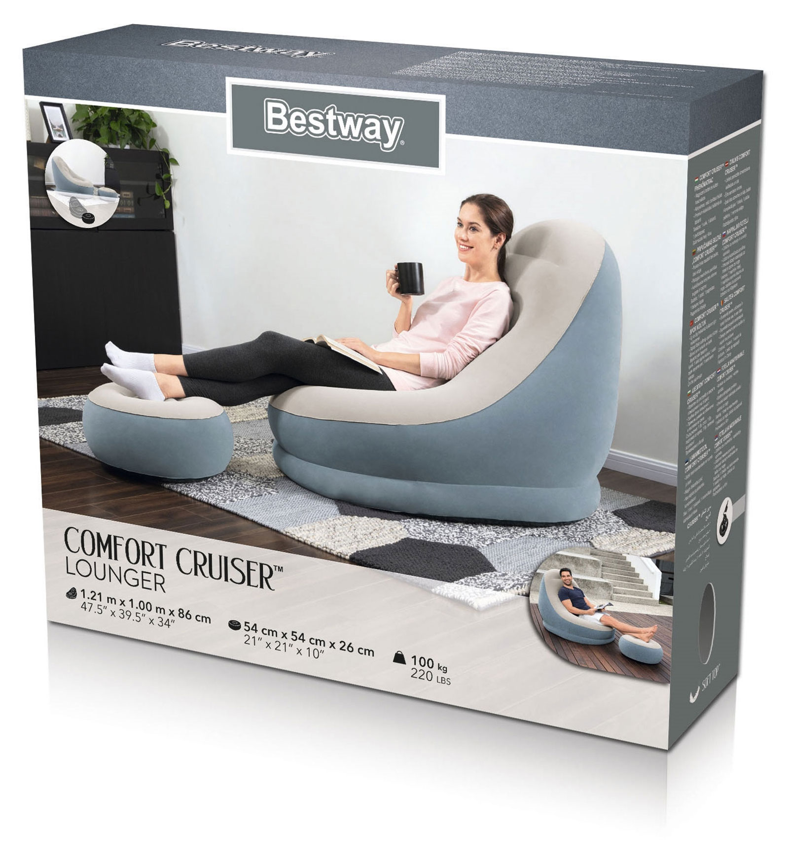 Кресло надувное BESTWAY Comfort Cruiser с подушкой для ног,  1,21 м x 1,00 м x 86 см