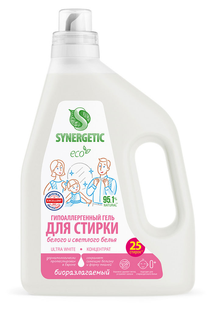 Гель Synergetic Ultra White для стирки белого белья, 1,5 л (25 стирок)