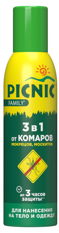 

Аэрозоль от комаров мокрецов москитов Picnic Family с экстрактом алоэ, 150 мл