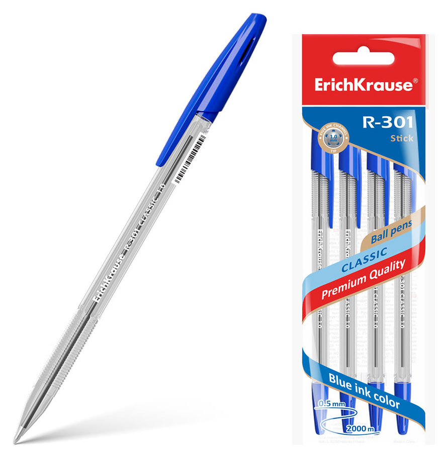 Ручка шариковая ErichKrause Classic Stick R-301 1 мм синяя, 4 шт