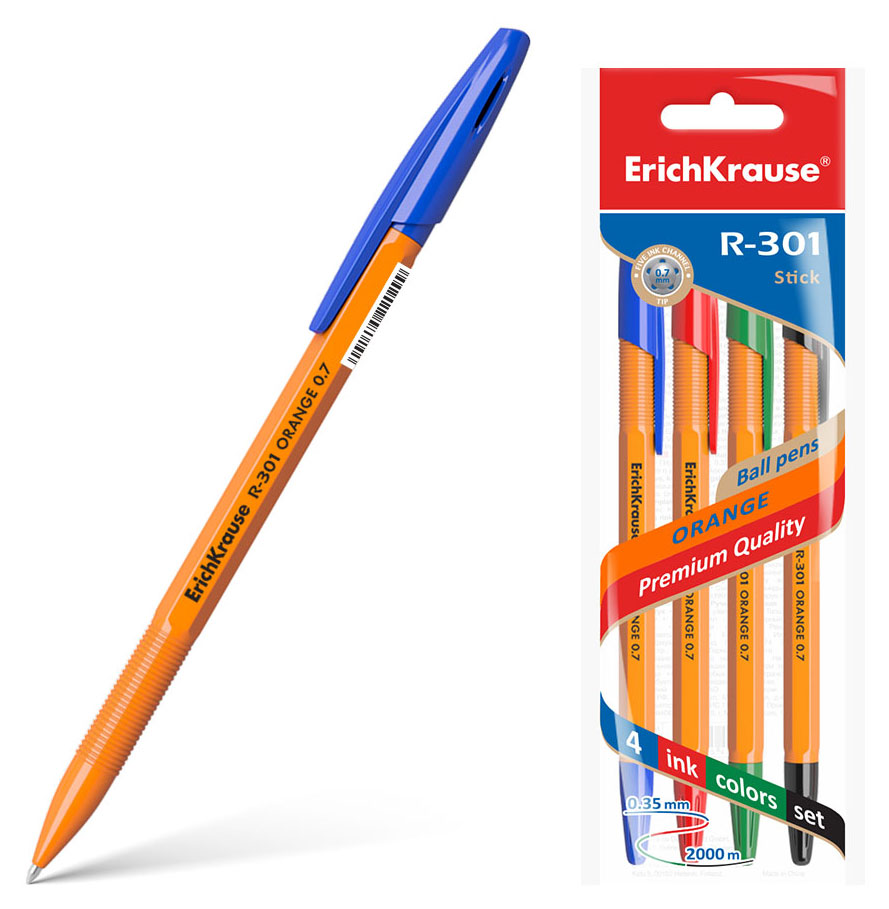 

Ручка шариковая ErichKrause R-301 Orange Stick 0,7 мм, 4 шт