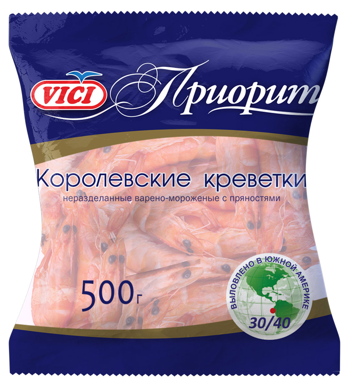 Креветки VICI Королевские варено-мороженные в панцире 30/40, 500 г