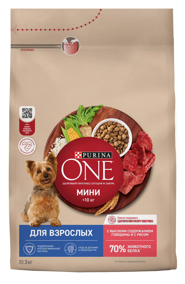 Сухой корм для собак Purina ONE Мини для взрослых собак с говядиной и рисом, 3 кг