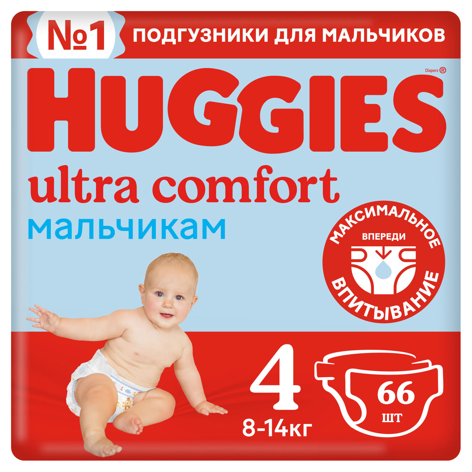 Подгузники Huggies Ultra Comfort для мальчиков 4 (8-14 кг), 66 шт