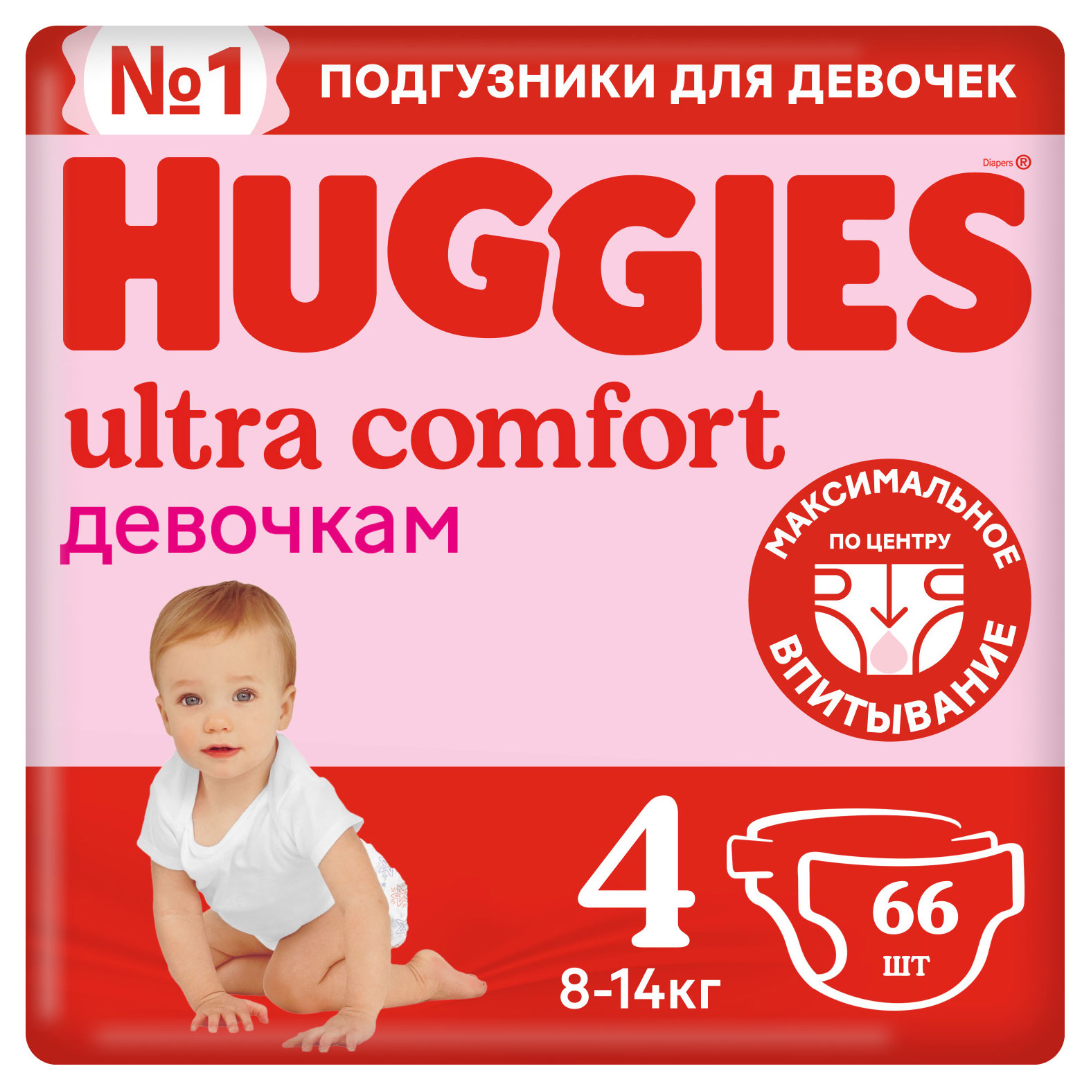 Подгузники Huggies Ultra Comfort для девочек 4 (8-14 кг), 66 шт