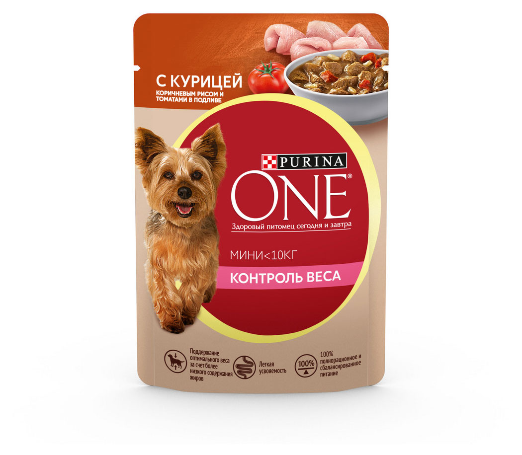 Влажный корм для собак Purina ONE с курицей, коричневым рисом и томатами в подливе, 85 г