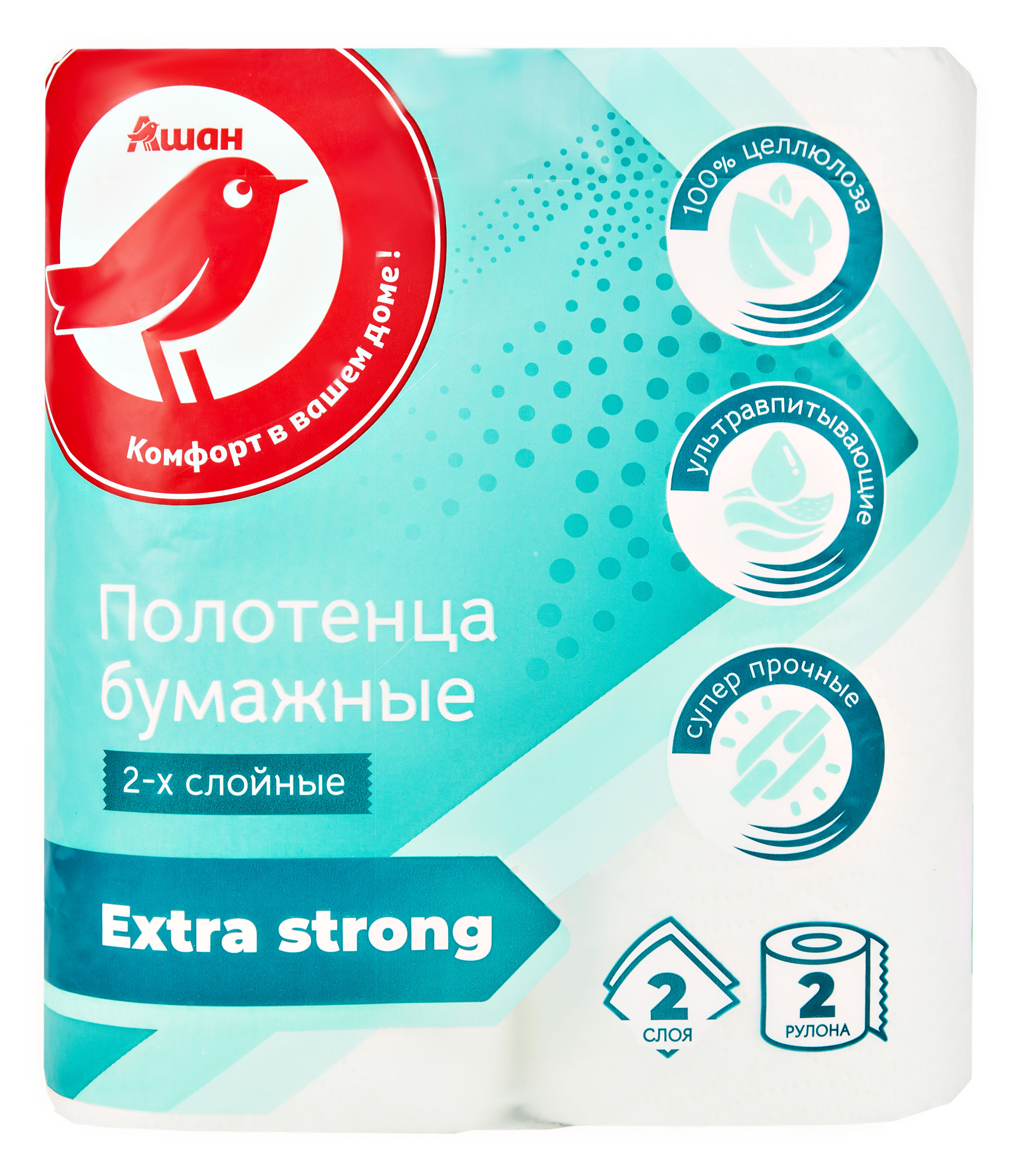 Полотенца бумажные АШАН Красная птица 2-х слойные EXTRASTRONG, 2 рулона