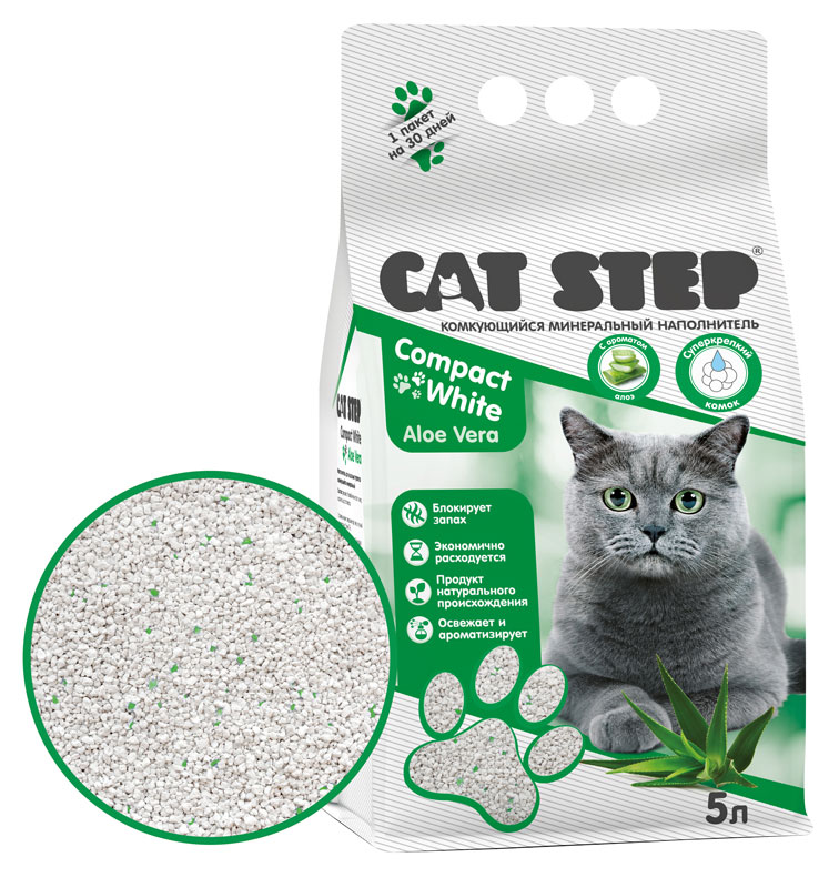 Наполнитель для кошачьего туалета Cat Step комкующийся минеральный Compact White Aloe Vera, 5 л