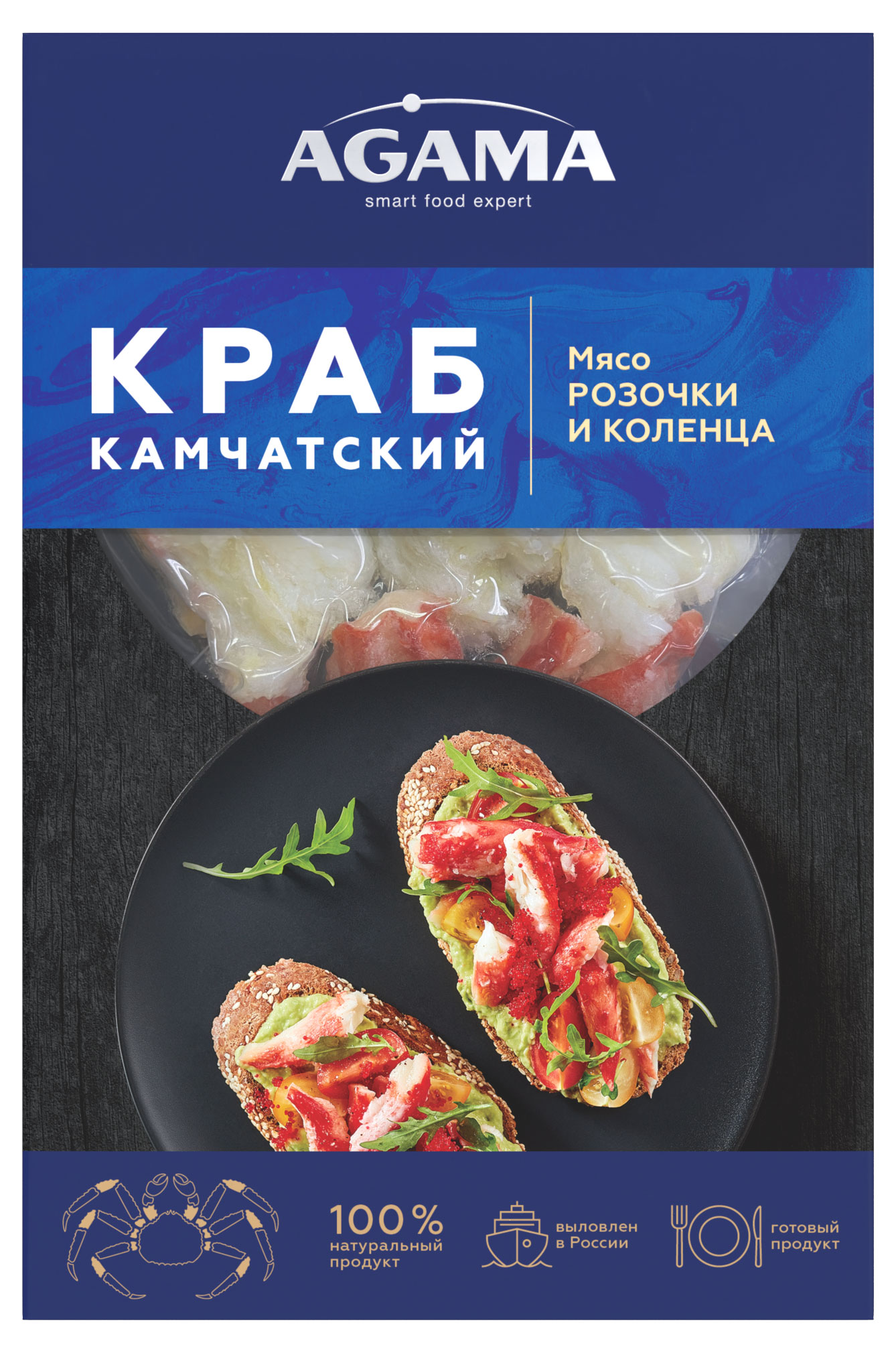 Краб камчатский Agama мясо розочки и коленца варено-мороженое, 200 г