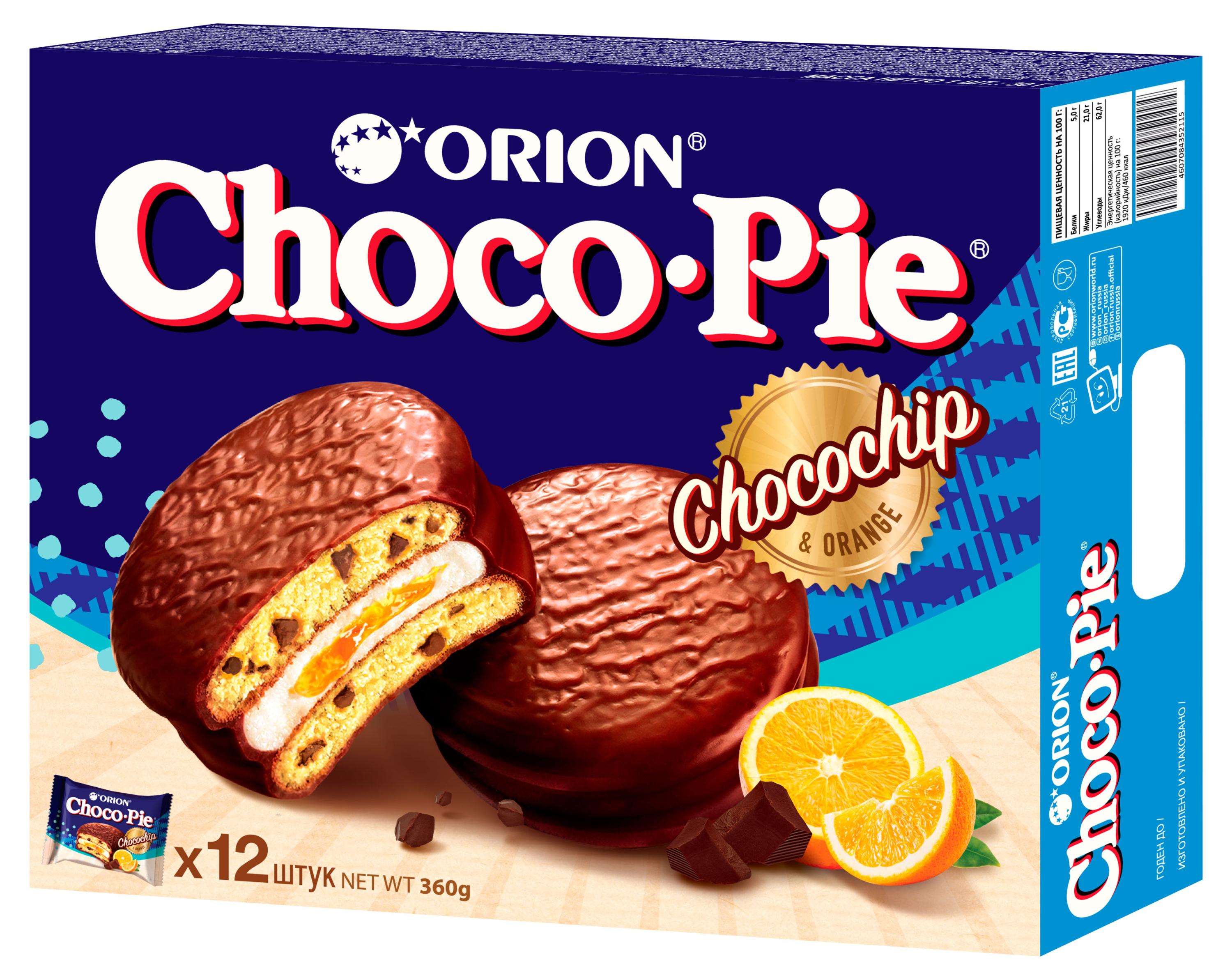 Пирожное Orion Choco Pie c апельсиновым джемом и шоколадной крошкой, 360 г