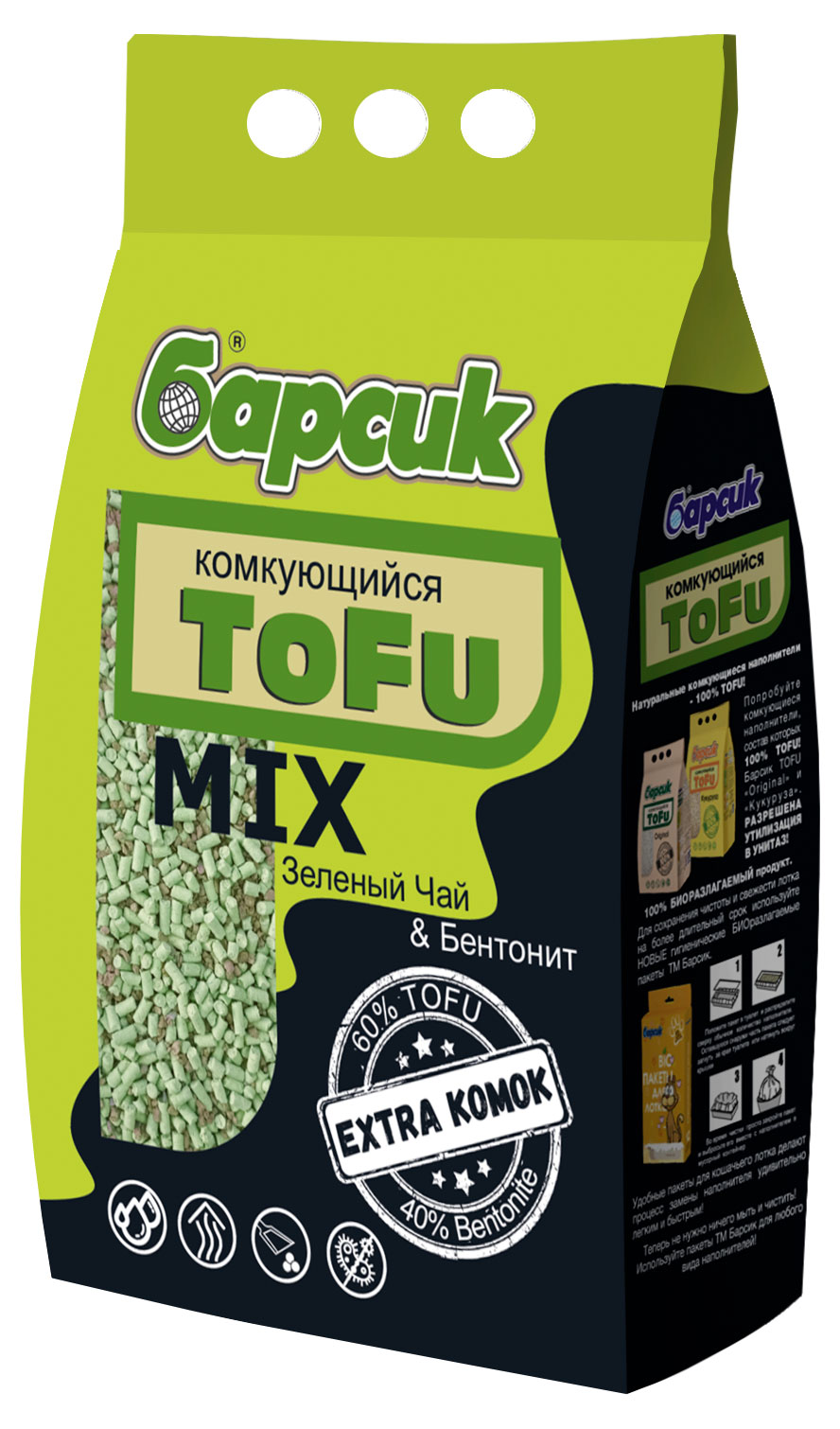 

Наполнитель для кошачьего туалета Барсик Tofu Mix Зеленый Чай & Бентонит комкующийся, 4,54 л