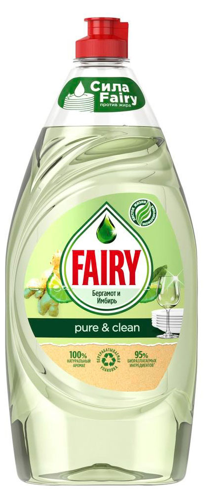 Средство для мытья посуды Fairy Pure & Clean с ароматом бергамота и имбиря, 900 мл