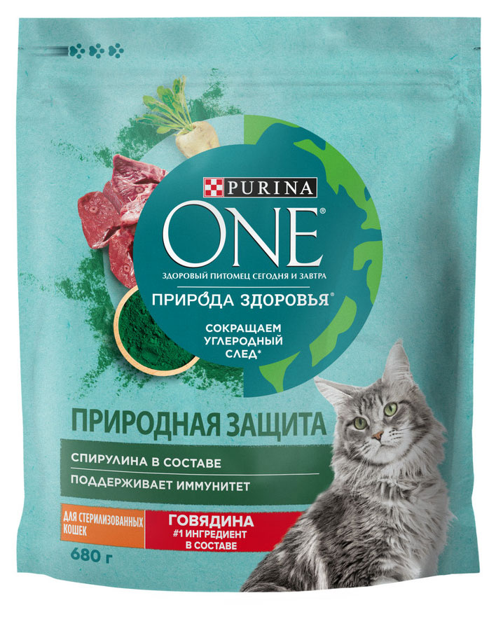 Сухой корм Purina ONE Природа Здоровья для стерилизованных кошек и кастрированных котов с говядиной, 680 г