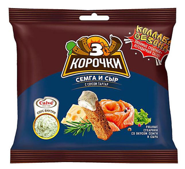 Сухарики ржаные «3 Корочки» семга с сыром + соус Тартар, 60 г