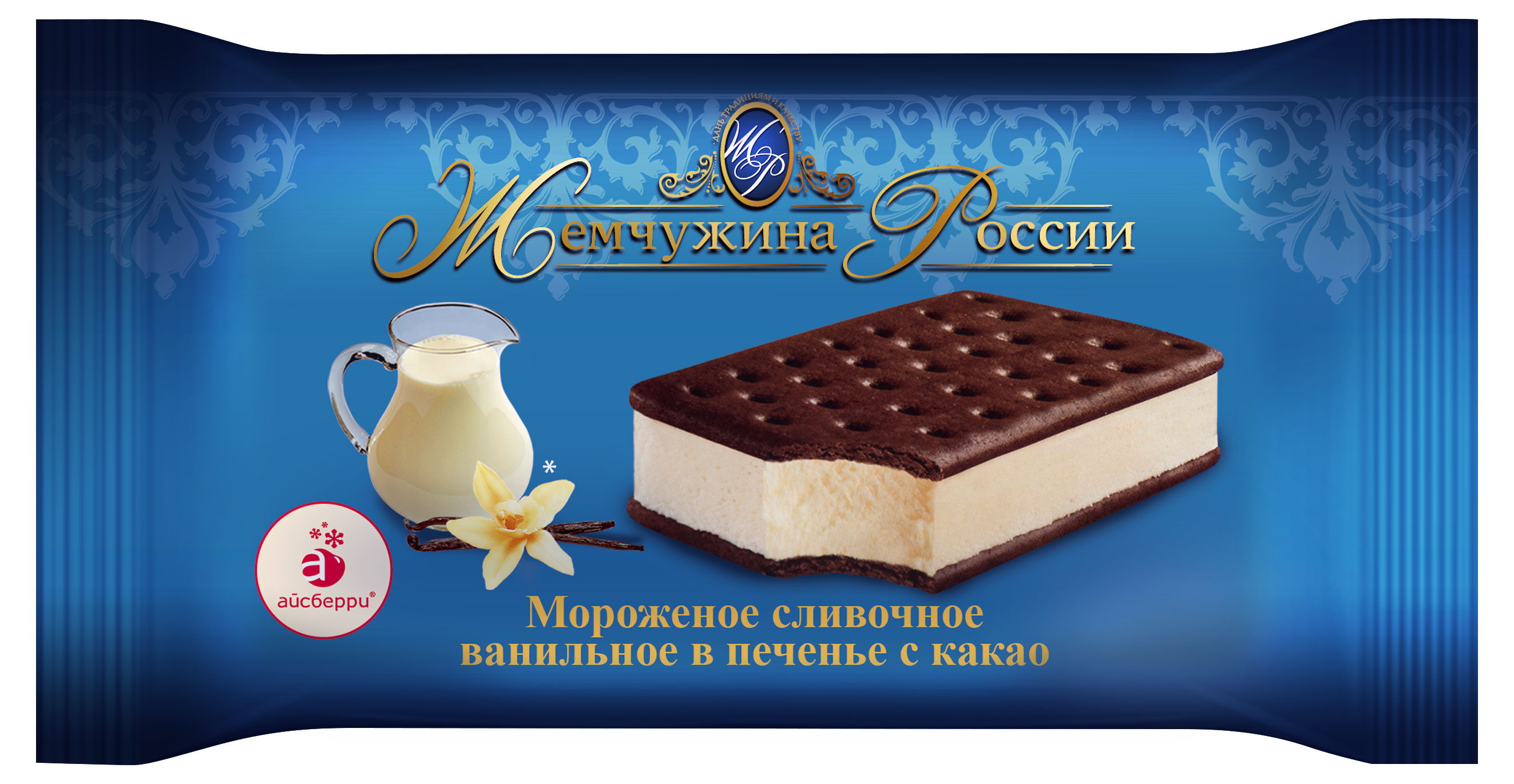 Мороженое сливочное «Жемчужина России» ванильное в печенье с какао 10% БЗМЖ, 80 г
