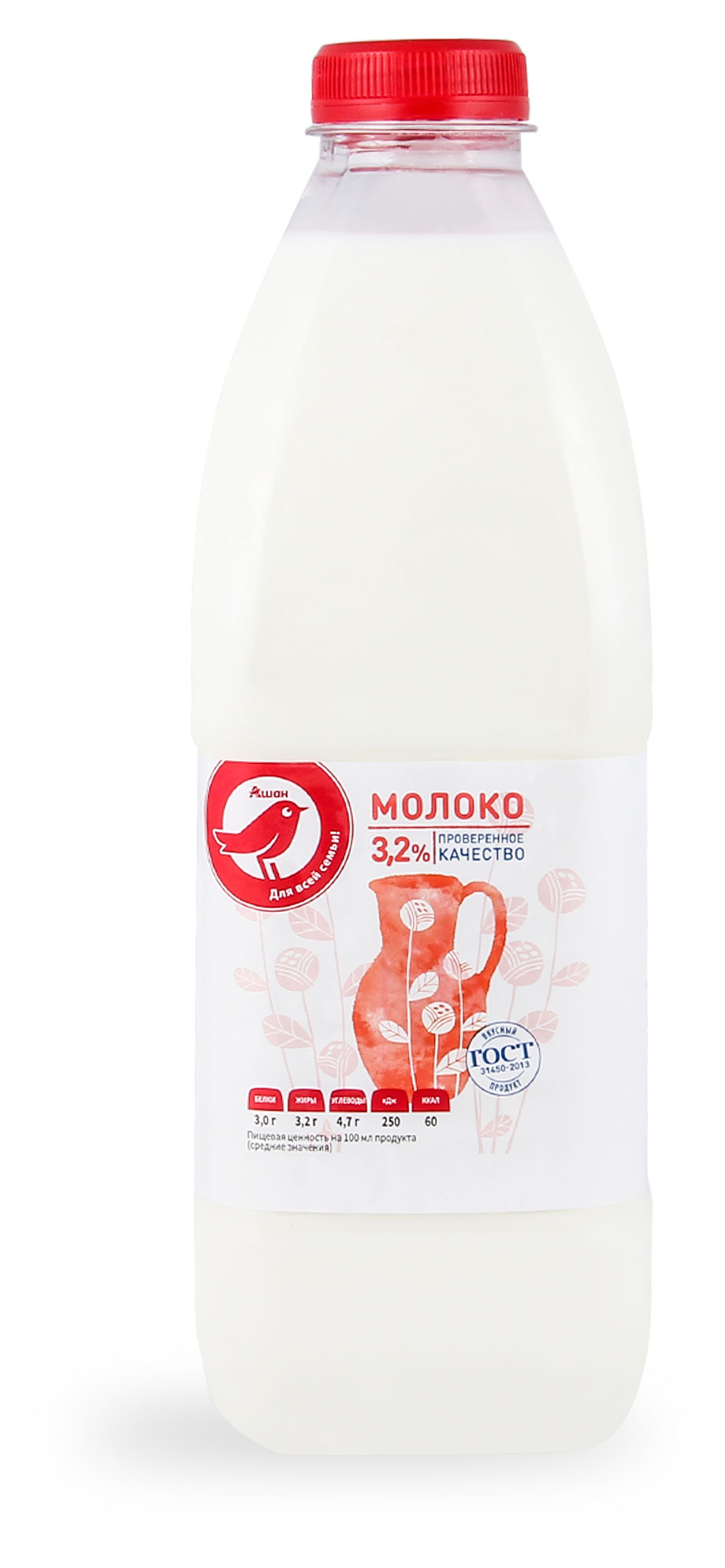 Молоко АШАН Красная птица 3,2%, 1400 г