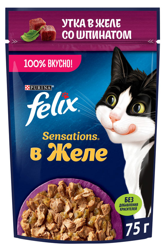 Корм влажный для кошек Felix с уткой в желе со шпинатом, 75 г