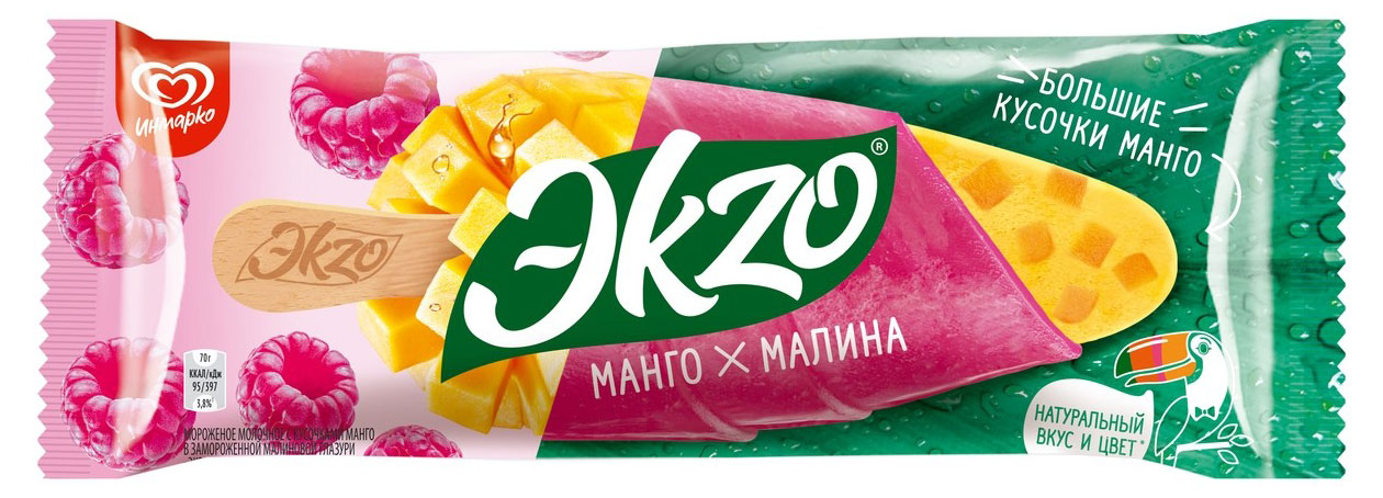 Мороженое эскимо Ekzo в фруктовой глазури Манго-малина с кусочками манго, 70 г