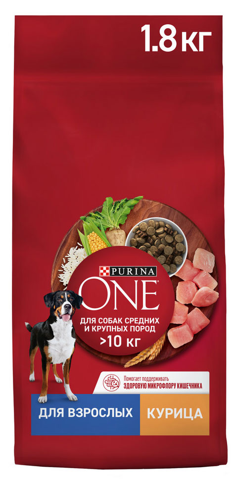 Сухой корм для собак Purina ONE с курицей и рисом для взрослых средних и крупных пород, 1,8 кг