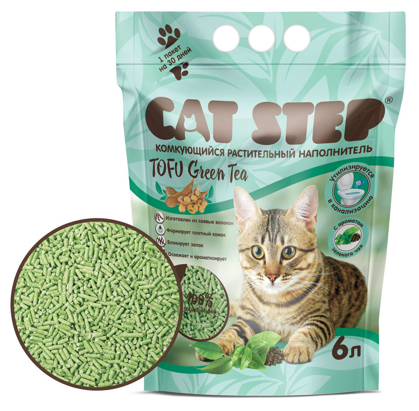 Наполнитель для кошачьего туалета Cat Step Tofu Green Tea комкующийся растительный, 6 л