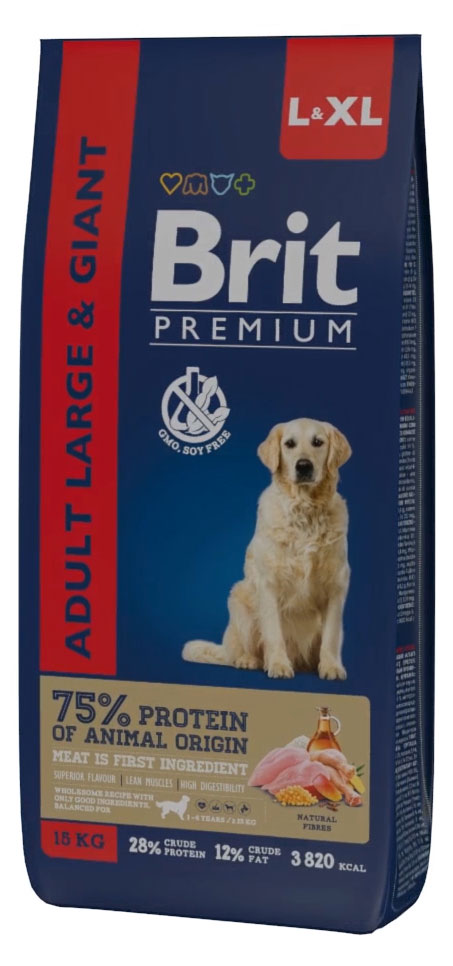 Сухой корм для взрослых собак крупных пород Brit Premium Adult L курица, 15 кг