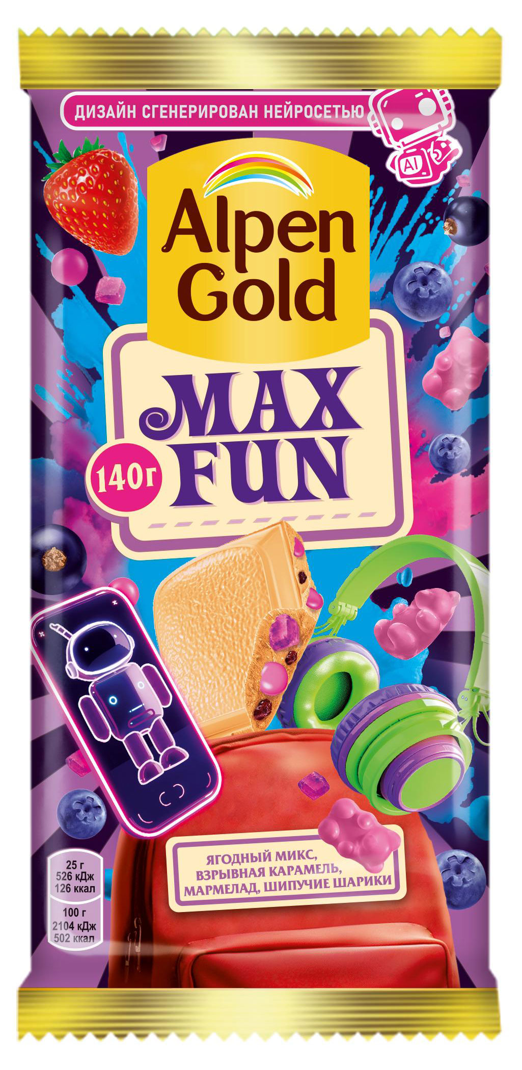 Шоколад белый Alpen Gold Max Fun Ягодный микс взрывная карамель мармелад шипучие шарики, 140 г