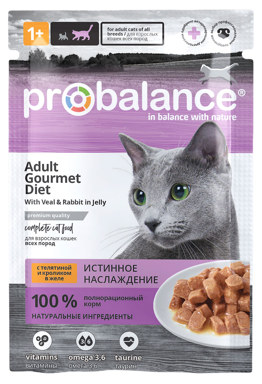 

Корм влажный для кошек ProBalance Adult Gourmet Diet c телятиной и кроликом в желе, 85 г