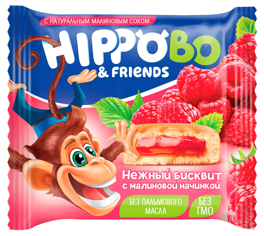 Hippo Bondi & Friends | Пирожное Hippo Bondi & Friends бисквитное с малиновой начинкой, 32 г