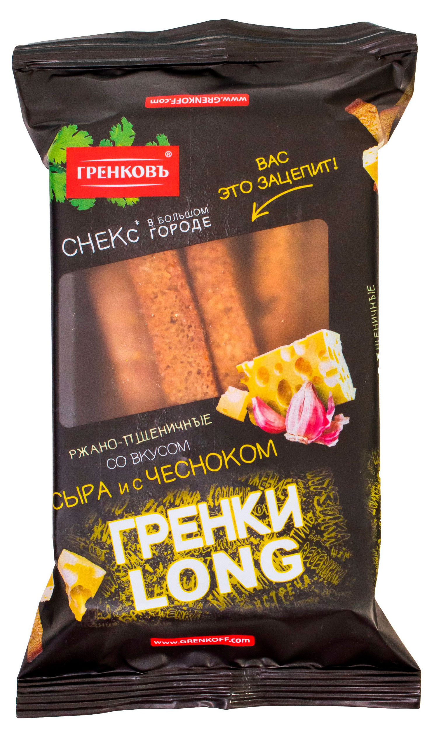 Гренковъ | Гренки ржано-пшеничные «Гренковъ» Long со вкусом сыра и чеснока, 100 г