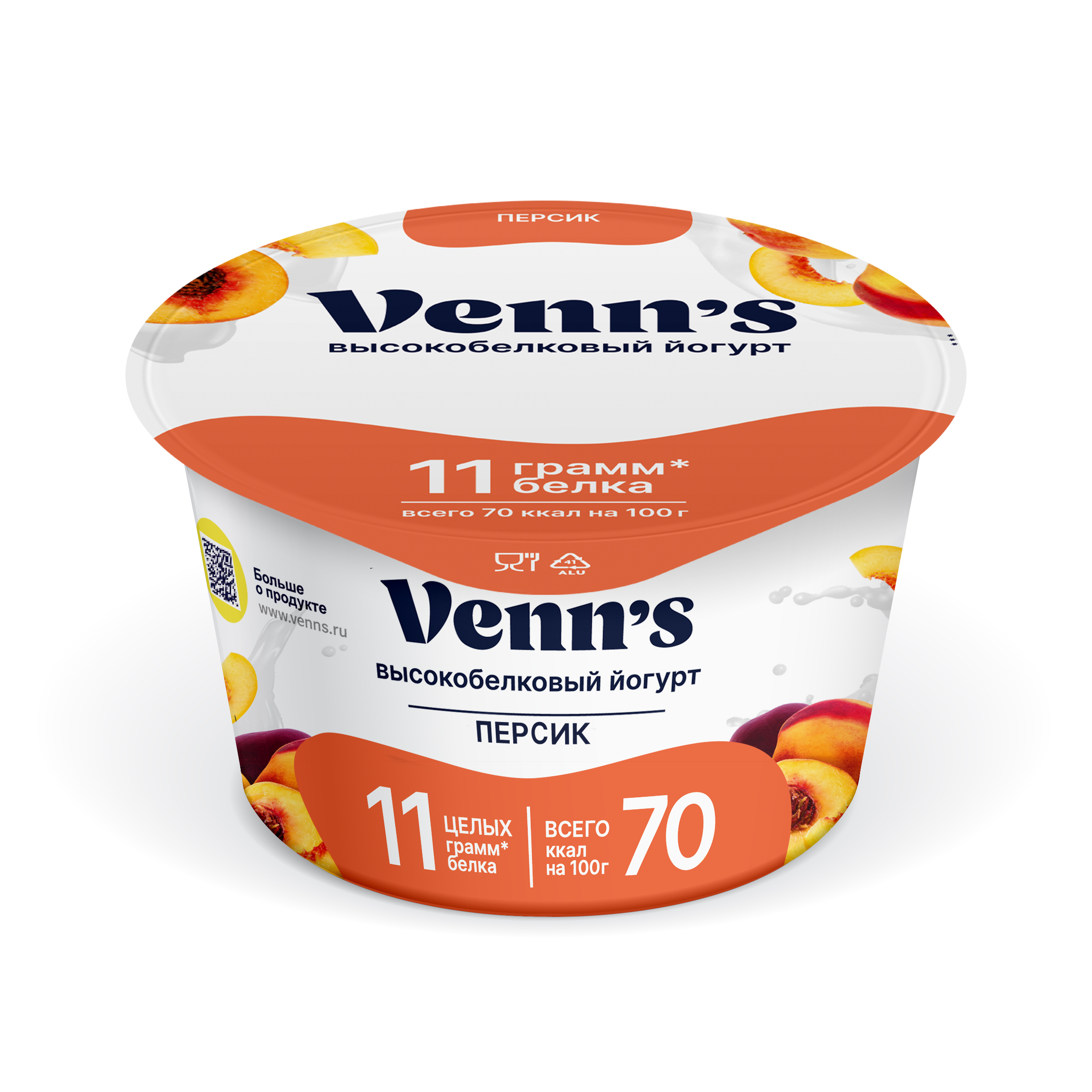 Venn`s | Йогурт «Venn`s» Греческий обезжиренный с персиком 0,1% БЗМЖ, 130 г