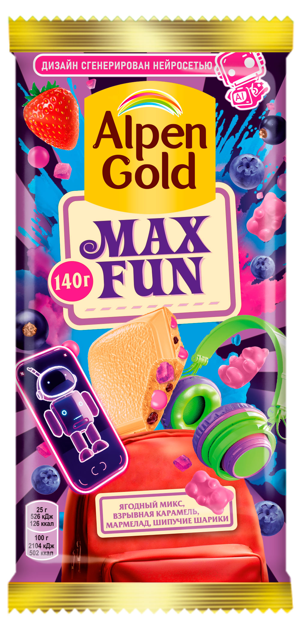 Шоколад белый Alpen Gold Max Fun Ягодный микс взрывная карамель мармелад шипучие шарики, 140 г