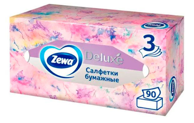 Салфетки бумажные в коробке Zewa Deluxe Design, 3 слоя, 90 шт