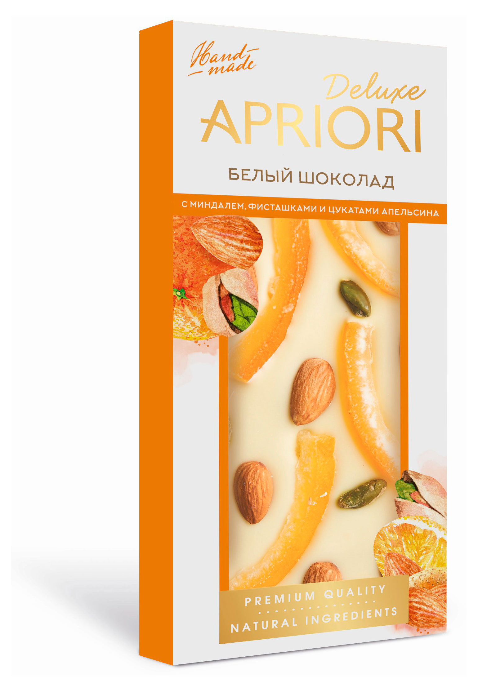 

Шоколад белый Apriori Deluxe с миндалем фистакой и апельсином, 85 г