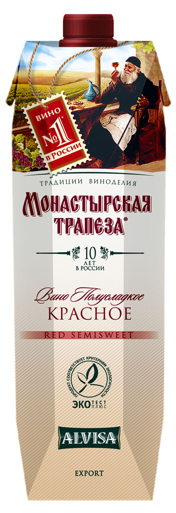 Вино «Монастырская трапеза» столовое красное полусладкое Россия, 1 л