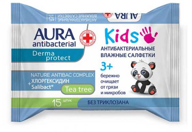 фото Влажные салфетки детские aura antibacterial kids антибактериальные 3+, 15 шт