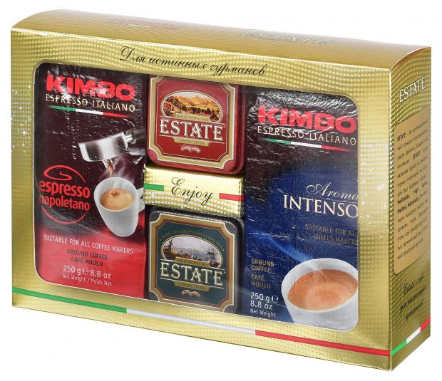 

Подарочный набор «Гурман» Кофе Kimbo молотый Espresso Napoletano, 250 г + кофе молотый Kimbo Aroma Intenso, 250 г + чай черный Estate Hellbodde, 45 г + чай черный Estate High Forest, 45 г