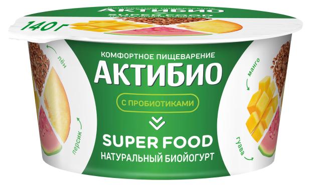 

Йогурт АктиБио Super food с персиком манго гуавой семенами чиа амарантом и семенами льна 2,2% БЗМЖ 140 г