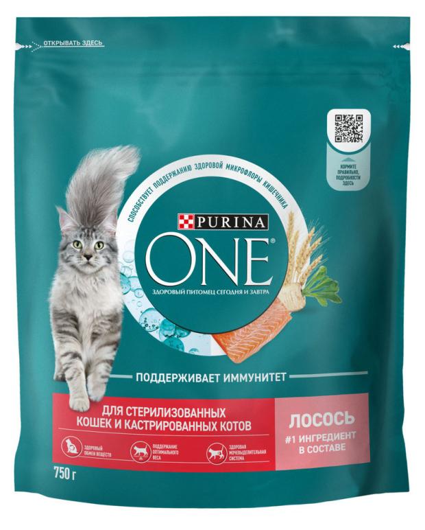 фото Сухой корм purina one для стерилизованных кошек и кастрированных котов с лососем, 750 г