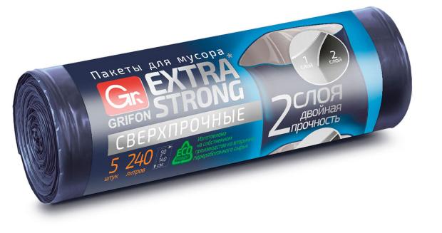 

Пакеты для мусора Grifon Extra Strong с завязками двухслойные, 5х240 л