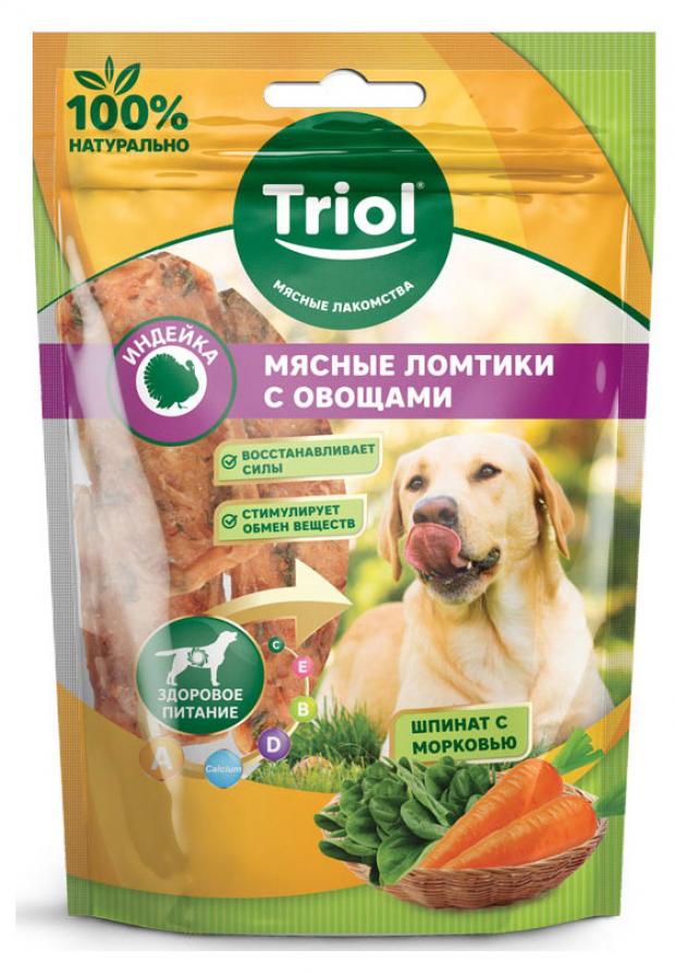 фото Лакомство для собак triol мясные ломтики индейка со шпинатом и морковью, 70 г