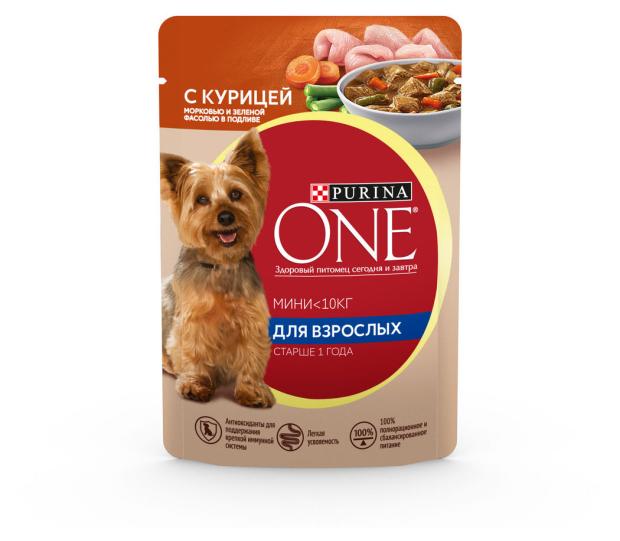 фото Влажный корм для собак purina one с курицей, морковью и зеленой фасолью в подливе, 85 г