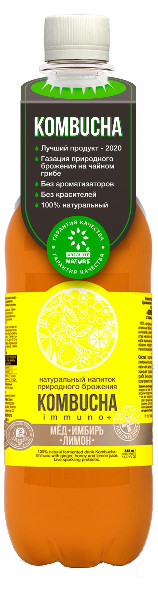 

Напиток натурального брожения Absolute Nature Kombucha-Immuno+ c имбирем, медом и соком лимона безалкогольный, 0,555 мл