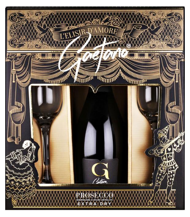 фото Игристое вино gaetano prosecco extra dry белое сухое с двумя бокалами в подарочной упаковке италия, 0,75 л