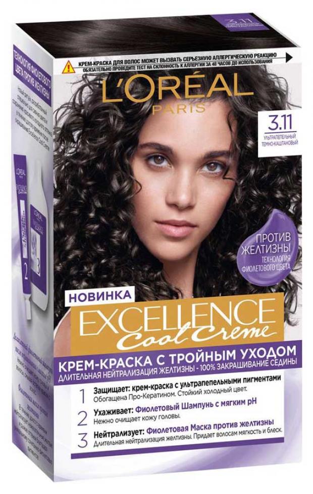 фото Крем-краска для волос l’oréal paris excellence cool crème ультрапепельный темно-каштановый тон 3.11, 192 мл l'oreal paris