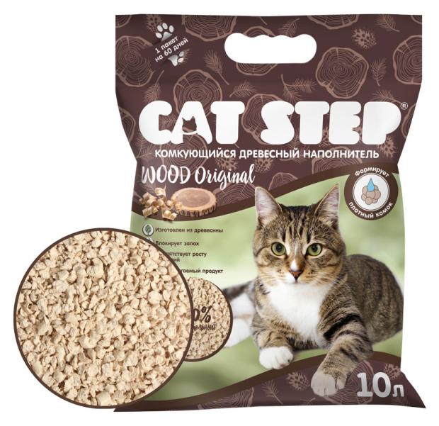 cat step wood original наполнитель древесный комкующийся для кошачьего туалета 10 10 л Наполнитель для кошачьего туалета Cat Step древесный комкующийся, 10 л